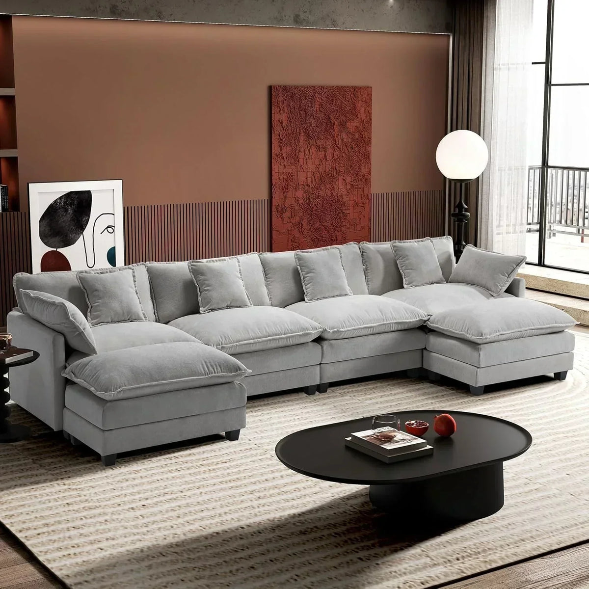 111.4 Inch L Shaped Modern Sofa Modular Cloud Sofa with Ottoman 4 Seater Chenille Deep Seat Sofa