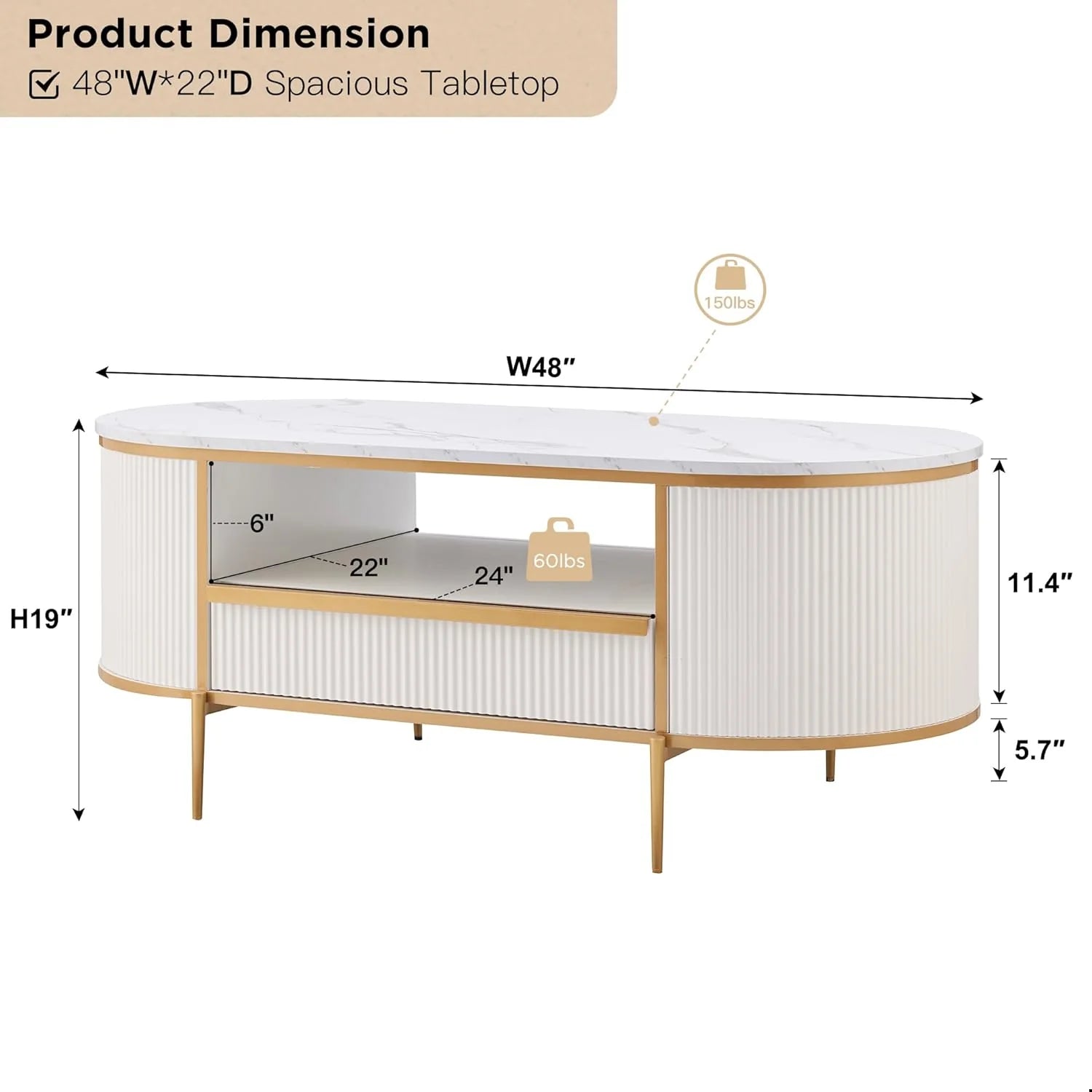 OKD Modern Luxury Grooved Coffee Table, 48 Inch Oval Coffee Table with Drawers, Imitation Marble Top, Curved Contour Design, Gold Metal Trim, Living Room Center Table