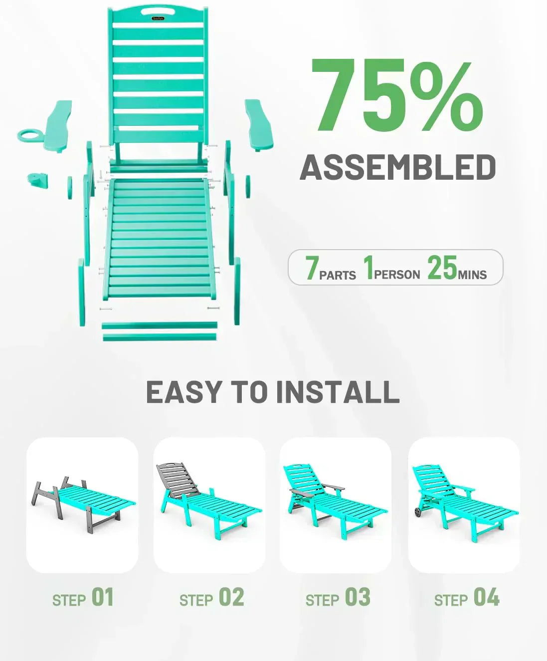 Lounge Chair Outdoor Chaise Lounge HDPE 6-Position Outdoor Chaise Lounge Patio Lounge Chair