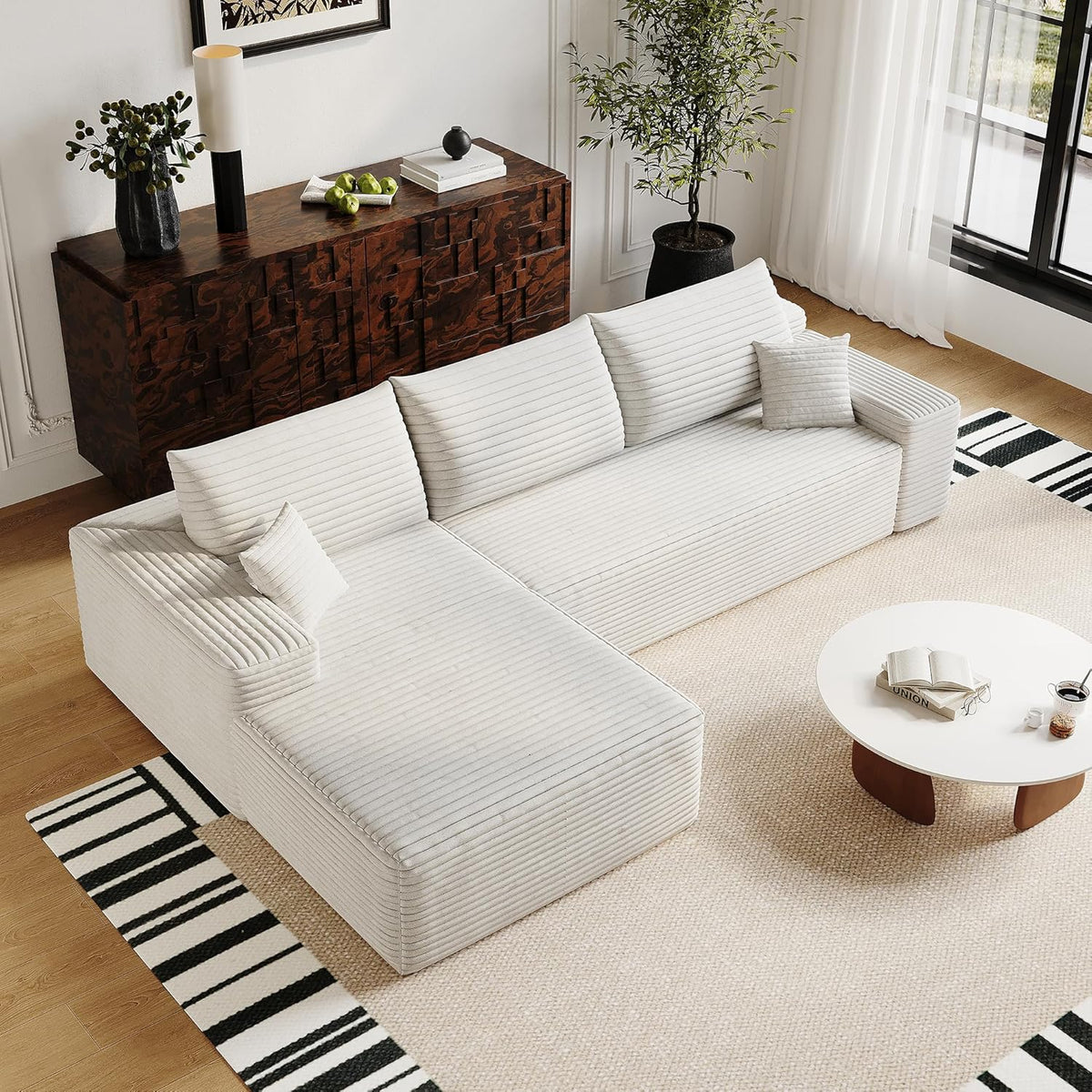 135 Oversized Compressed Sectional Sofa - 33D High-Density Foam Cloud Couch with Deep Seat - Minimalist 3-Piece Corduroy Upholstered Boneless Modular Lounge Couch | Breathable material, Full Foam, Anti-slip
