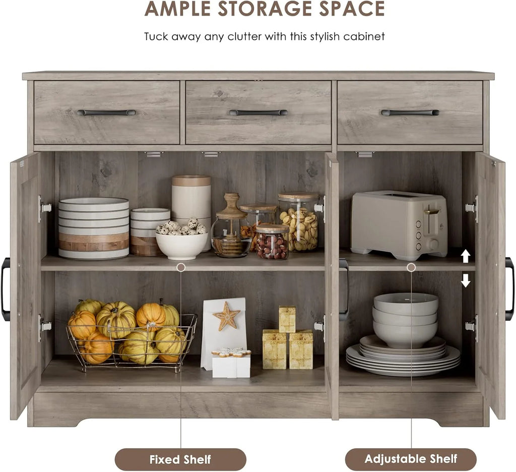Modern farmhouse sideboard, barn door buffet storage cabinet with drawers and shelves, wooden coffee bar with storage