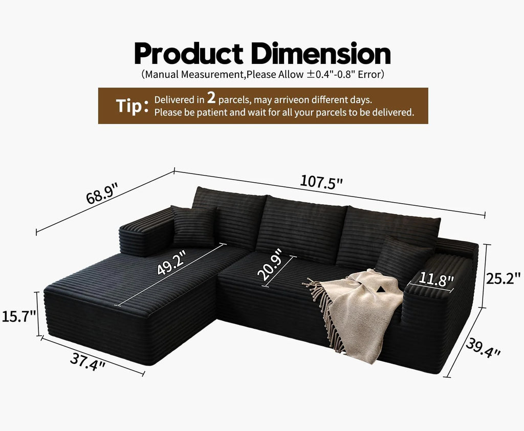 107.5 Cloud Modular Sectional Sofa Couch with L-Shape Chaise,Modern Minimalist Upholstered Couches