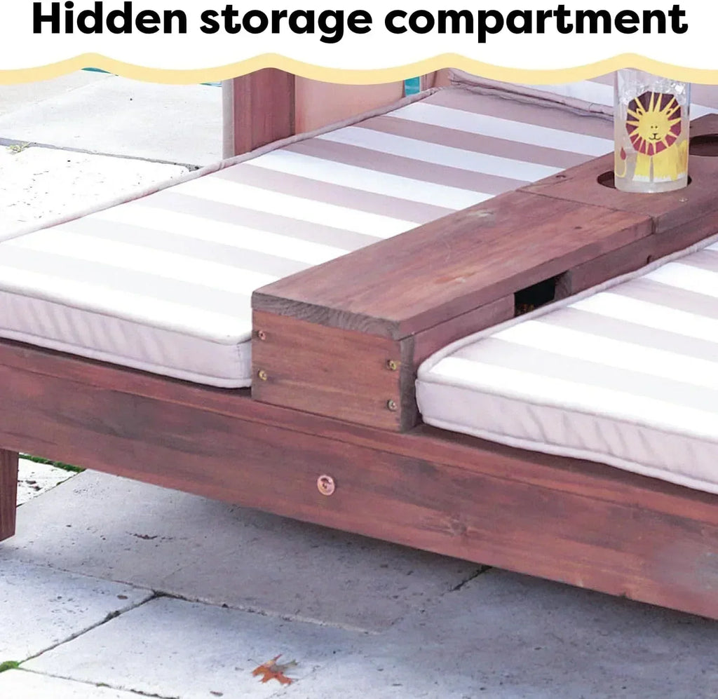 KidKraft Wooden Outdoor Double Chaise Lounge with Cup Holders Kids Patio Furniture Honey