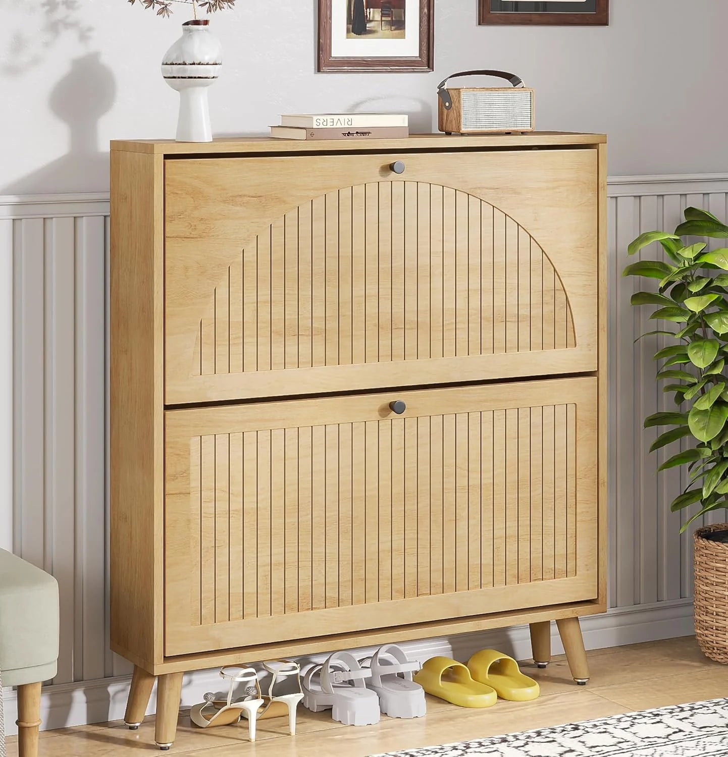 Entrance shoe cabinet with 2 flip-top drawers, narrow wooden shoe cabinet with fluted panels