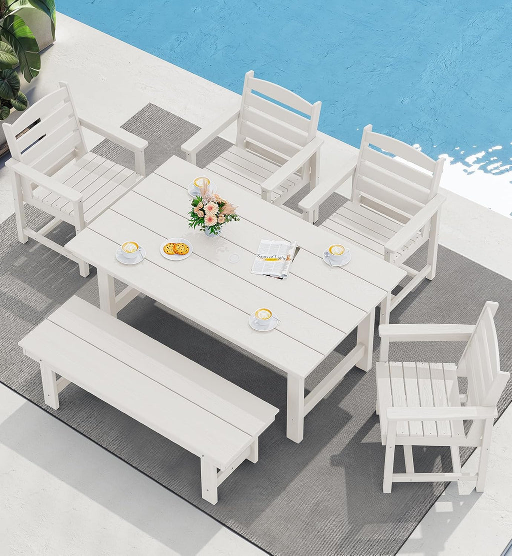 Outdoor HDPE Dining Table Set, 7-Piece Outdoor Dining Table Sets with Umbrella Hole Cut-Out Table and 6 Chairs
