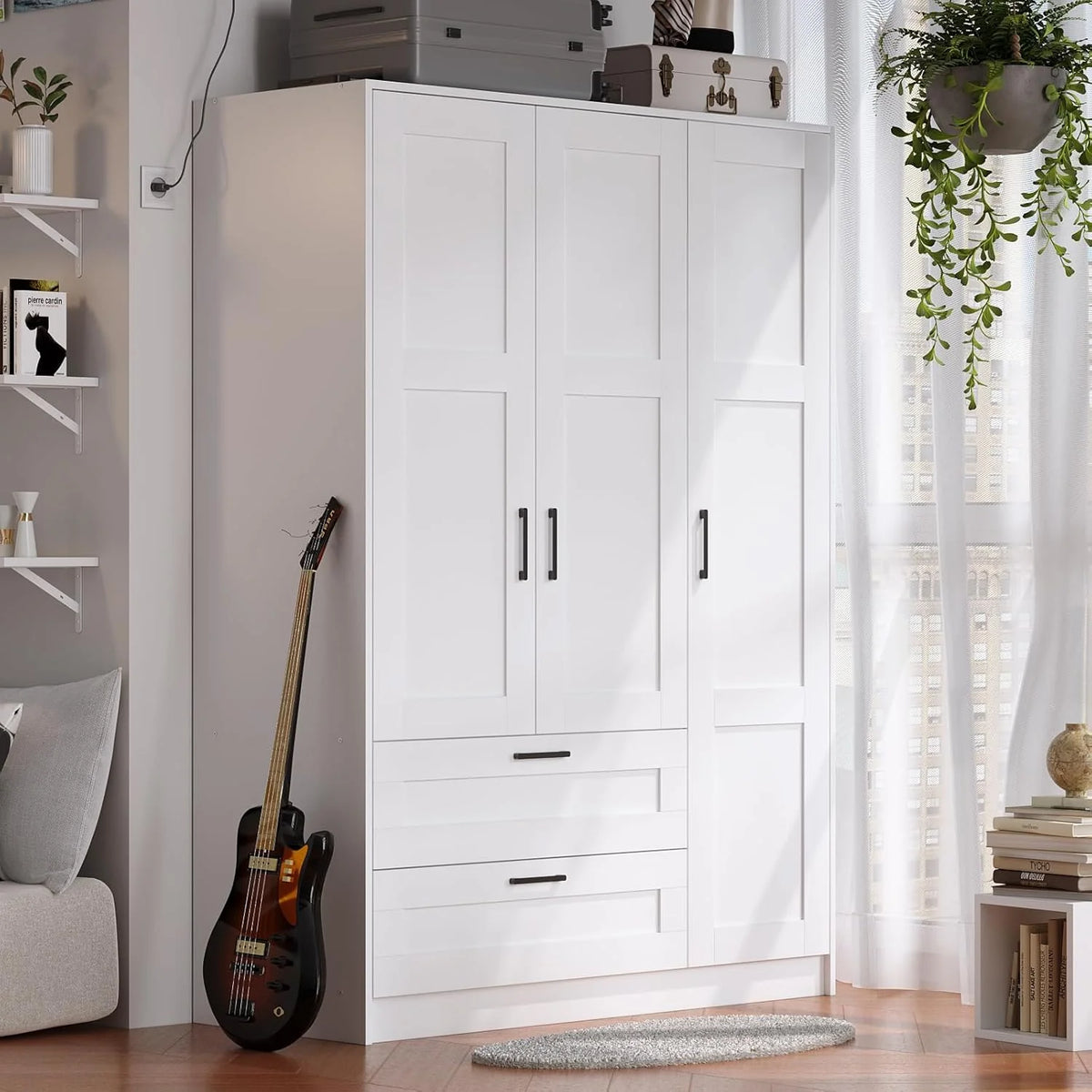 3 Doors Wooden Wardrobe Closet Armoire Bedroom Large Capacity Freestanding Armoire