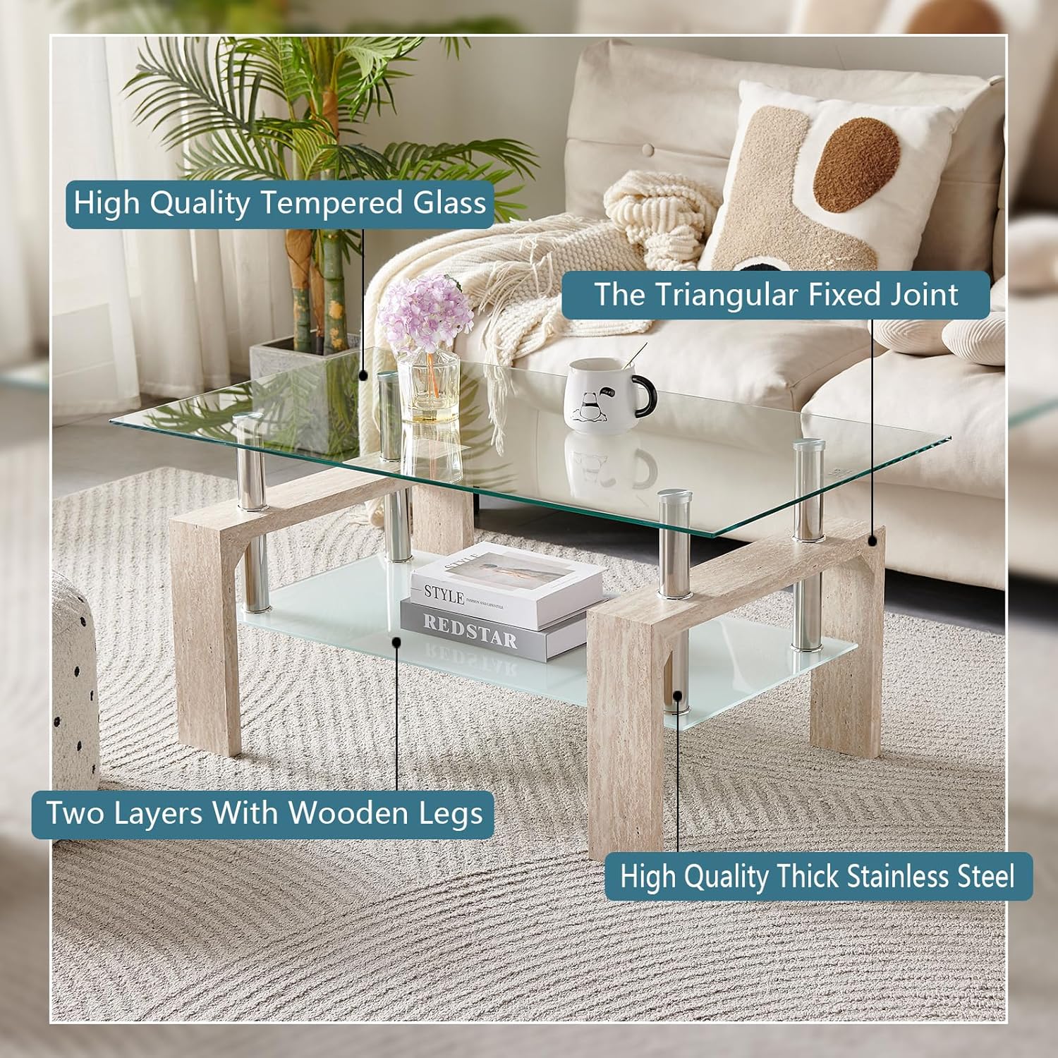 Living Room Rectangle Coffee Table, Tea Table Suitable for Waiting Room, Modern Side Coffee Table with Wooden Leg, Glass Tabletop