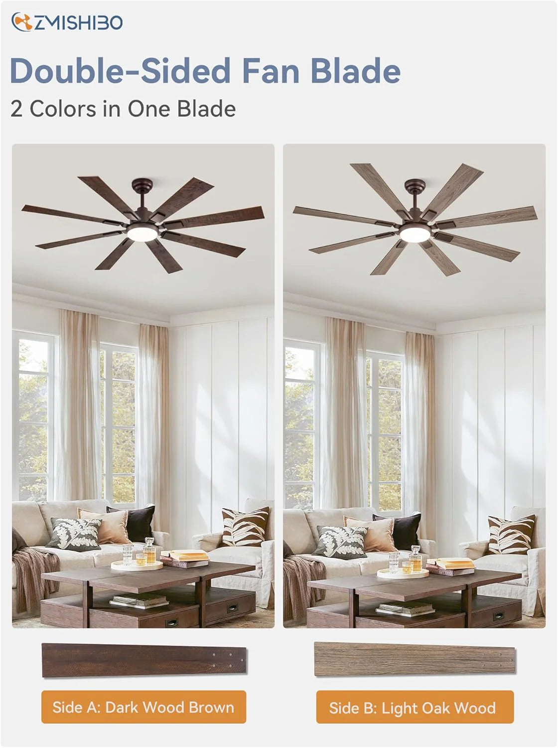 ZMISHIBO 72 inch Large Ceiling Fans with Lights and Remote, Indoor/Outdoor Black Modern Ceiling Fan for Kitchen Living Room Patio, 6 Speed Reversible Quiet DC Motor, 3 CCT, Dual Finish 8 Blades
