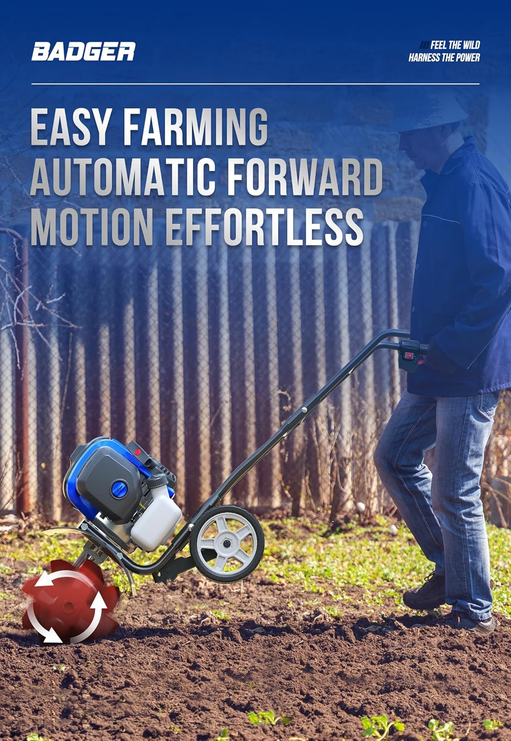 Garden Tiller 53cc Mini Cultivator 15 inch Powerful Liftable Booster Rod Tilling Tool