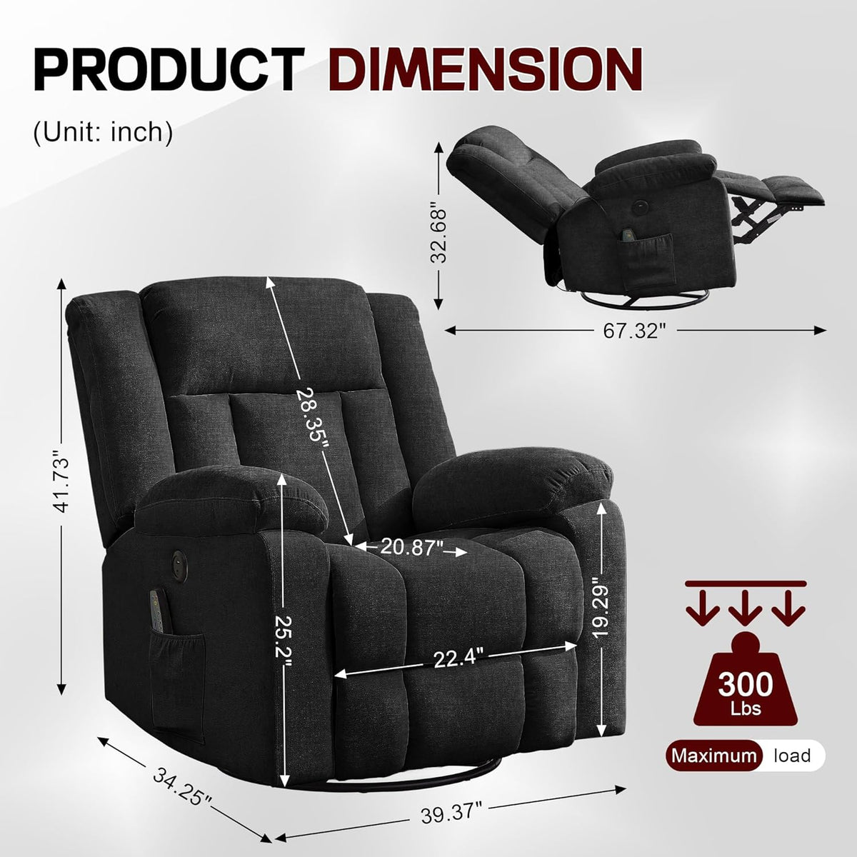 Adult rocking chair, gliding recliner, 360° rotating rocking chair with massage and heating function