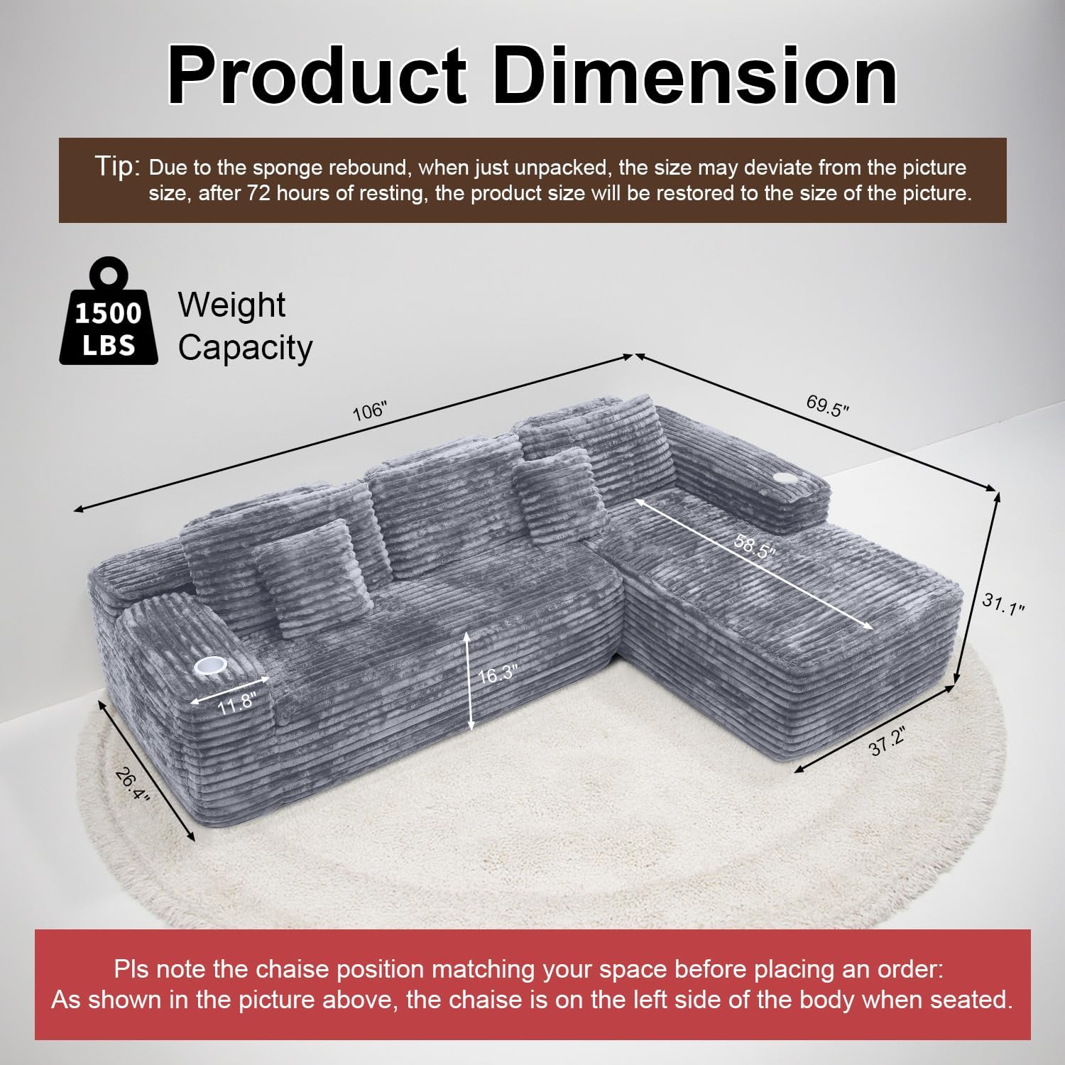 Cloud Sectional Couch with L-Shape Chaise, Modern Modular Sofa with Deep Seat, Built-in Cup Holder & Storage Pocket for Living Room Bedroom, No Assembly Required (Dark Gray, Left Sitting Chaise)