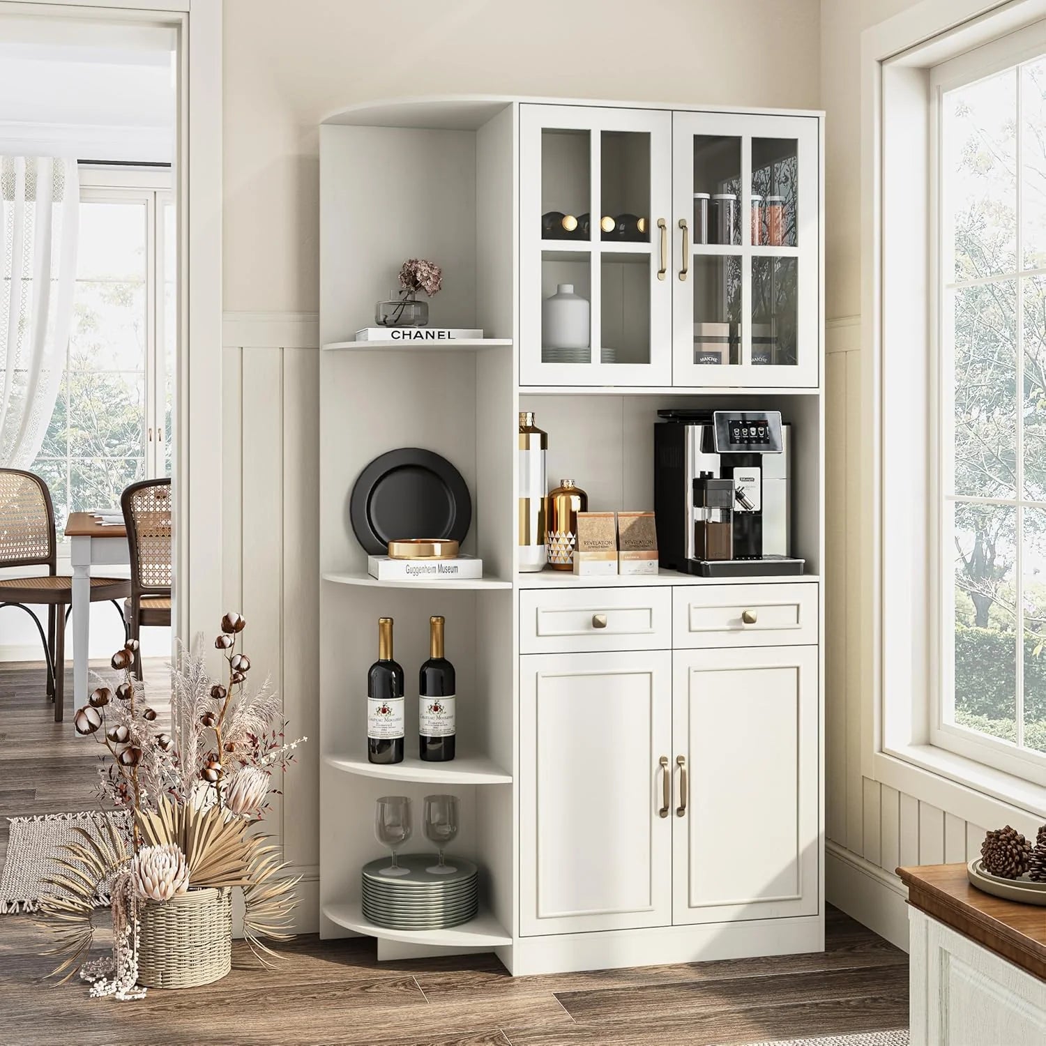 Kitchen Hutch Pantry Cabinet 71 Tall with Glass Doors