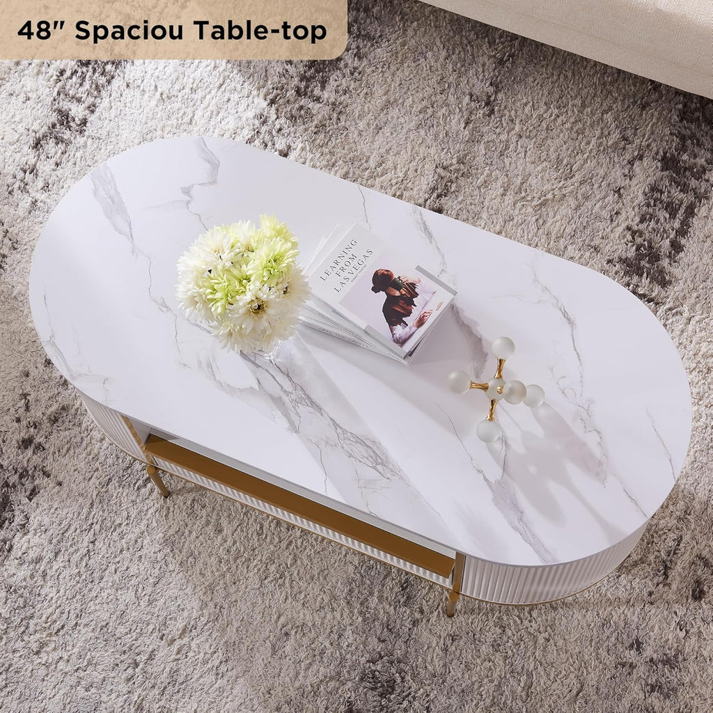OKD Modern Luxury Grooved Coffee Table, 48 Inch Oval Coffee Table with Drawers, Imitation Marble Top, Curved Contour Design, Gold Metal Trim, Living Room Center Table