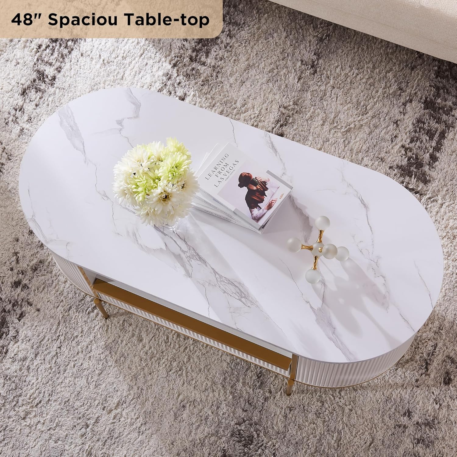 OKD Modern Luxury Grooved Coffee Table, 48 Inch Oval Coffee Table with Drawers, Imitation Marble Top, Curved Contour Design, Gold Metal Trim, Living Room Center Table