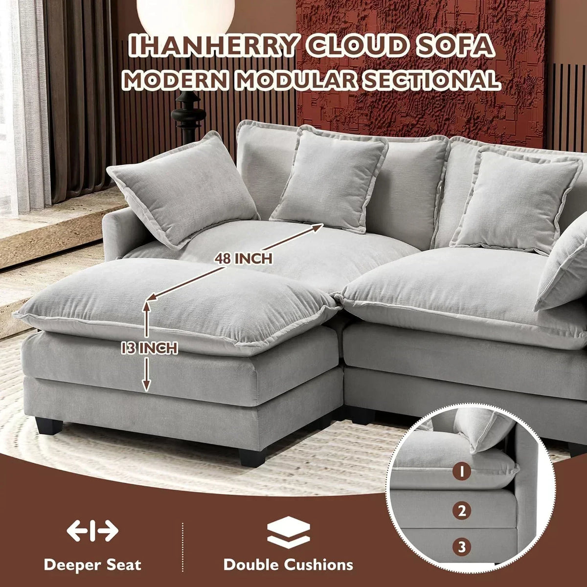 111.4 Inch L Shaped Modern Sofa Modular Cloud Sofa with Ottoman 4 Seater Chenille Deep Seat Sofa