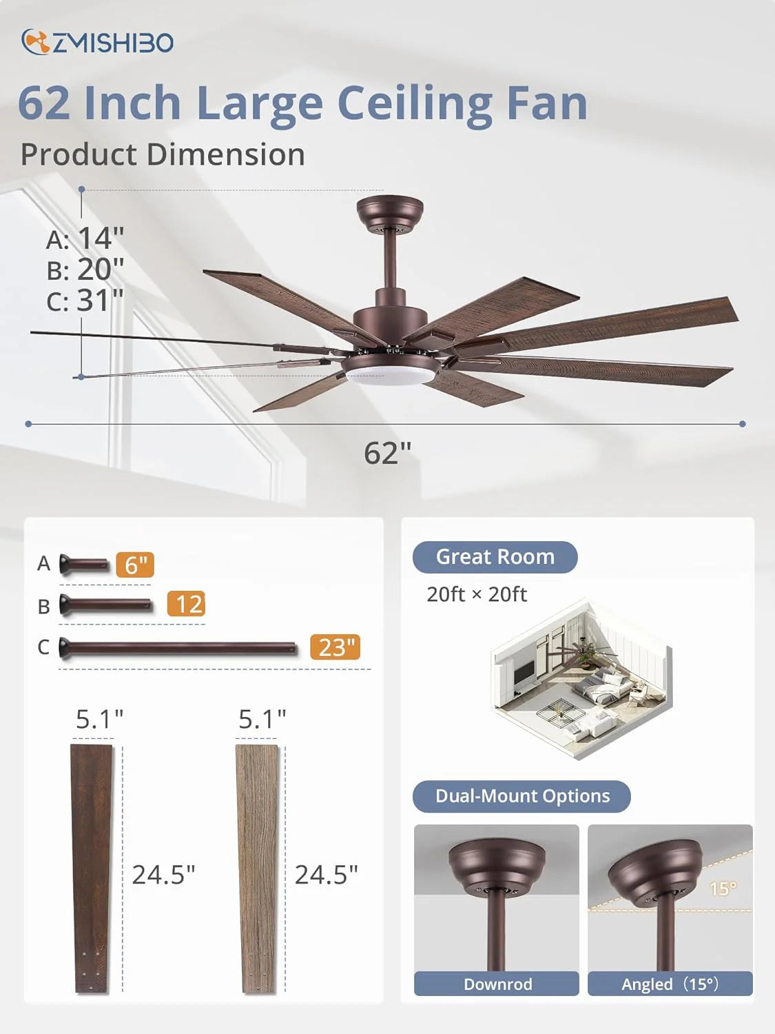 ZMISHIBO 72 inch Large Ceiling Fans with Lights and Remote, Indoor/Outdoor Black Modern Ceiling Fan for Kitchen Living Room Patio, 6 Speed Reversible Quiet DC Motor, 3 CCT, Dual Finish 8 Blades