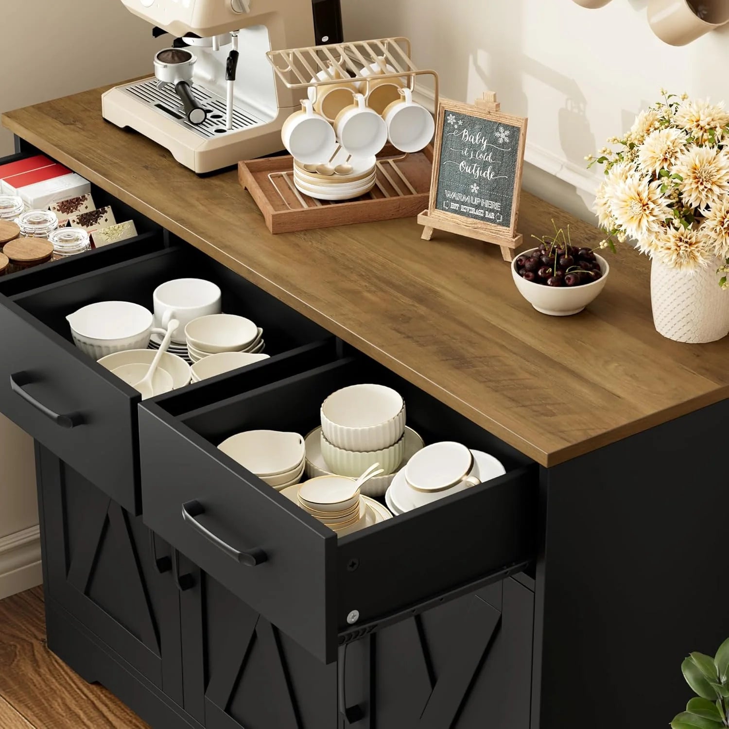 Modern farmhouse sideboard, barn door buffet storage cabinet with drawers and shelves, wooden coffee bar with storage