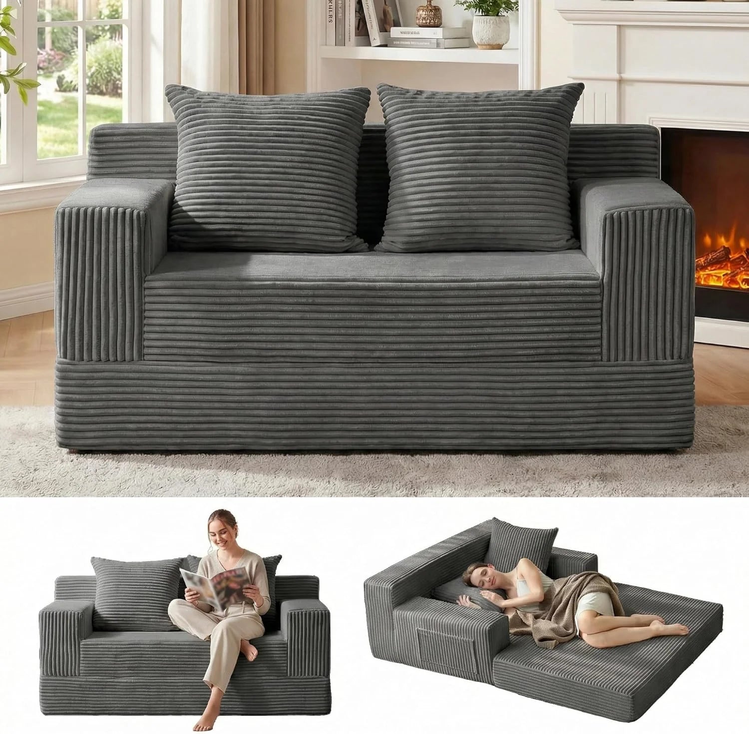 Loveseat Boneless Convertible Sofa Bed, Folding Floor Futon Sleeper Sofa Couch Bed- Boneless Foldable Couch, Corduroy Pull Out Sofa Bed with 2 Pillows for Living Room & Bedroom