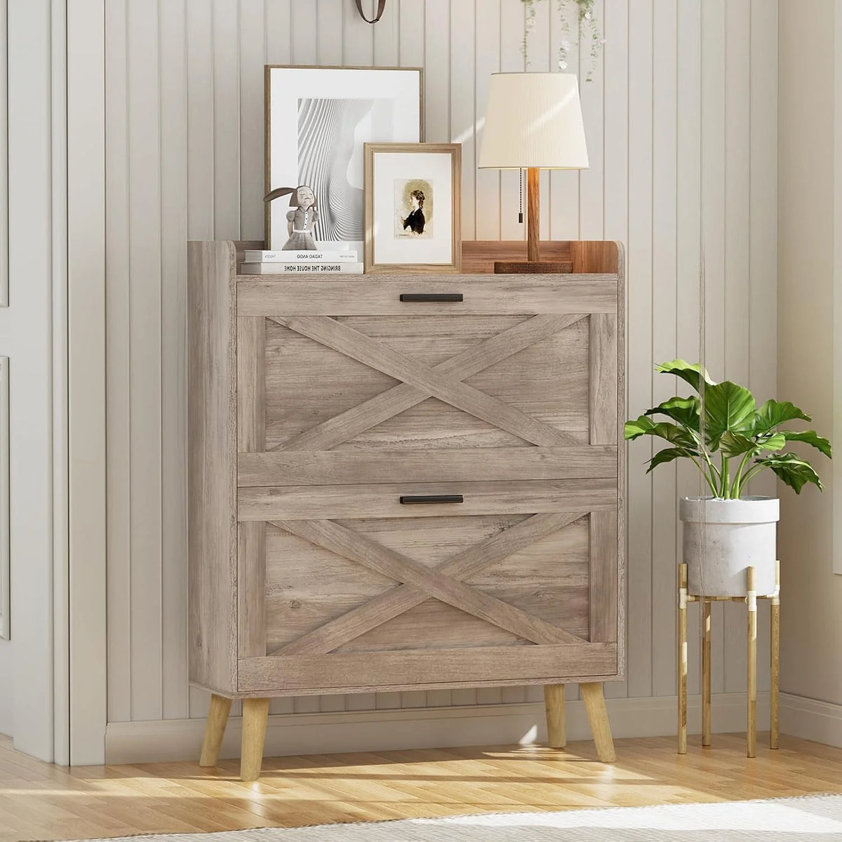 32 wide farmhouse shoe cabinet with 2 flip-top drawers and barn door design, adjustable shelves