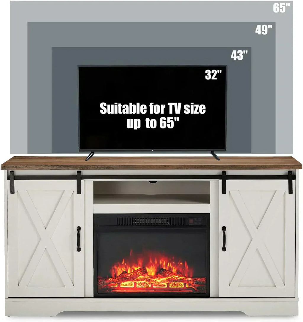 AMERLIFE Fireplace TV Stand with Sliding Barn Door  Farmhouse 63 Fireplace Entertainment Center