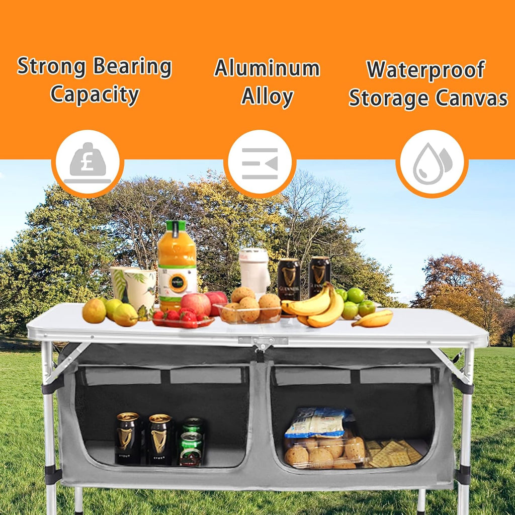 Outdoor Folding Table Aluminum Lightweight Height Adjustable with Storage Organizer