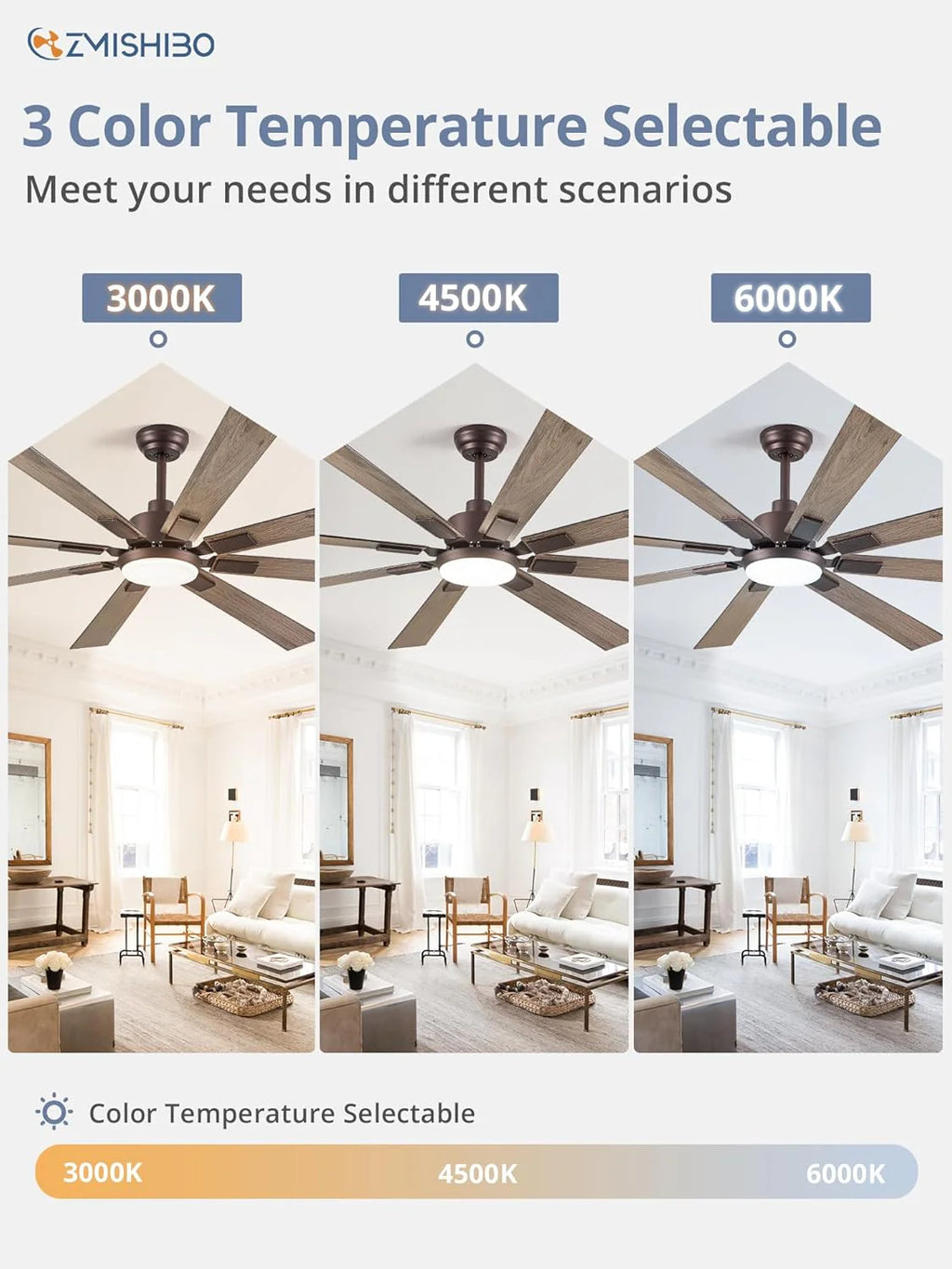 ZMISHIBO 72 inch Large Ceiling Fans with Lights and Remote, Indoor/Outdoor Black Modern Ceiling Fan for Kitchen Living Room Patio, 6 Speed Reversible Quiet DC Motor, 3 CCT, Dual Finish 8 Blades