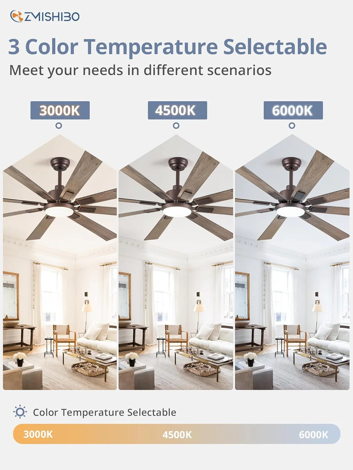 ZMISHIBO 72 inch Large Ceiling Fans with Lights and Remote, Indoor/Outdoor Black Modern Ceiling Fan for Kitchen Living Room Patio, 6 Speed Reversible Quiet DC Motor, 3 CCT, Dual Finish 8 Blades