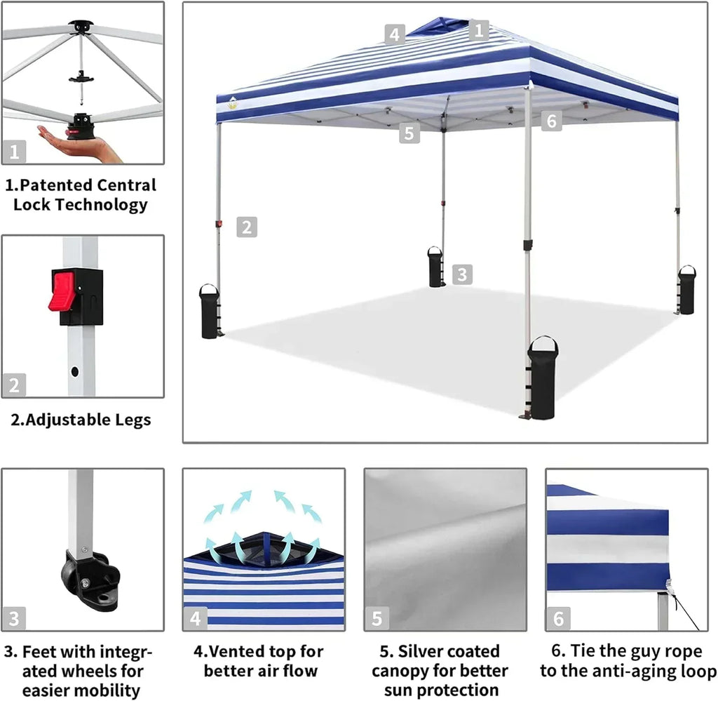 10x10 Pop-Up Awning One-Click Installation Beach Tent Outdoor Sunshade Silver Coated Top