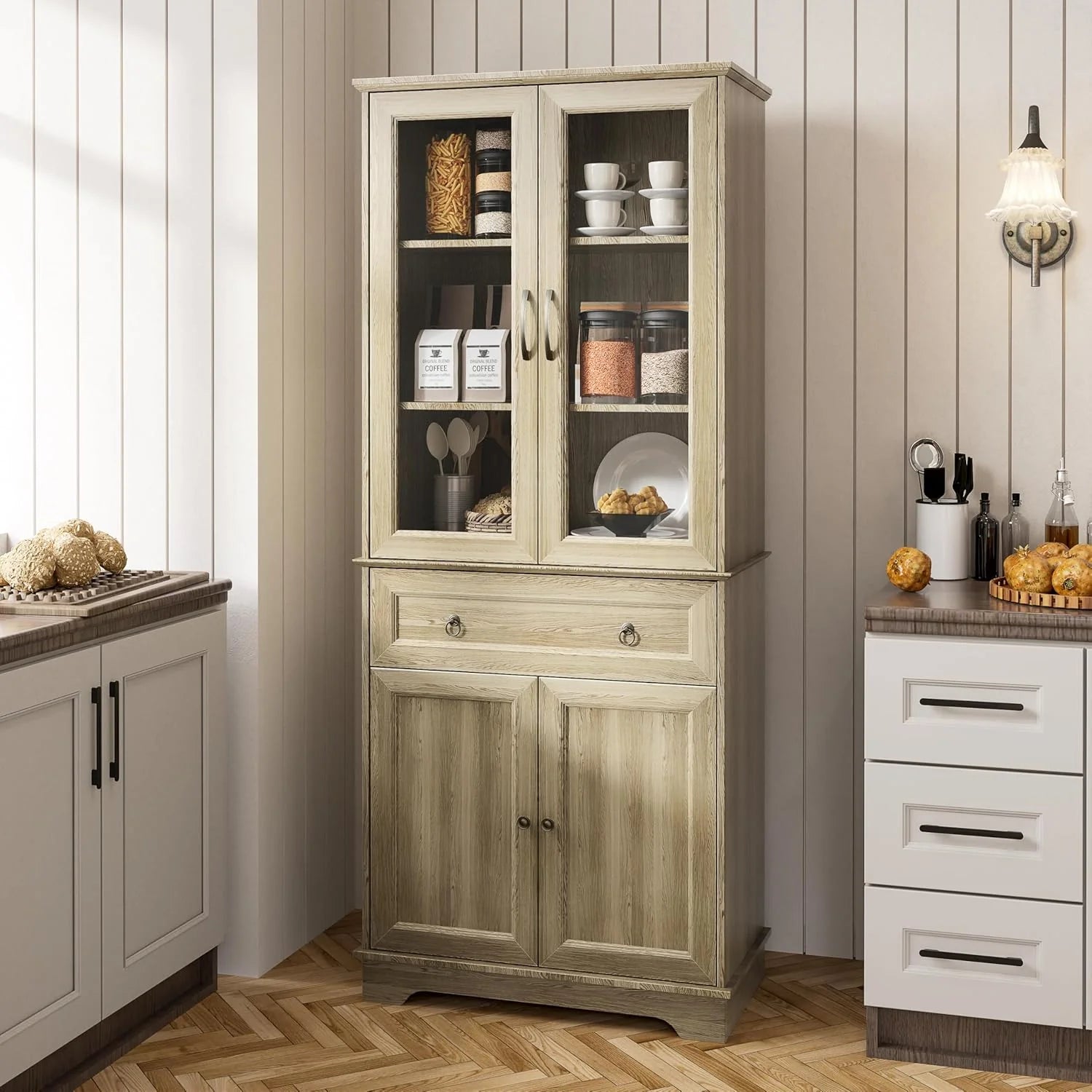 Kitchen Hutch Pantry Cabinet 71 Tall with Glass Doors