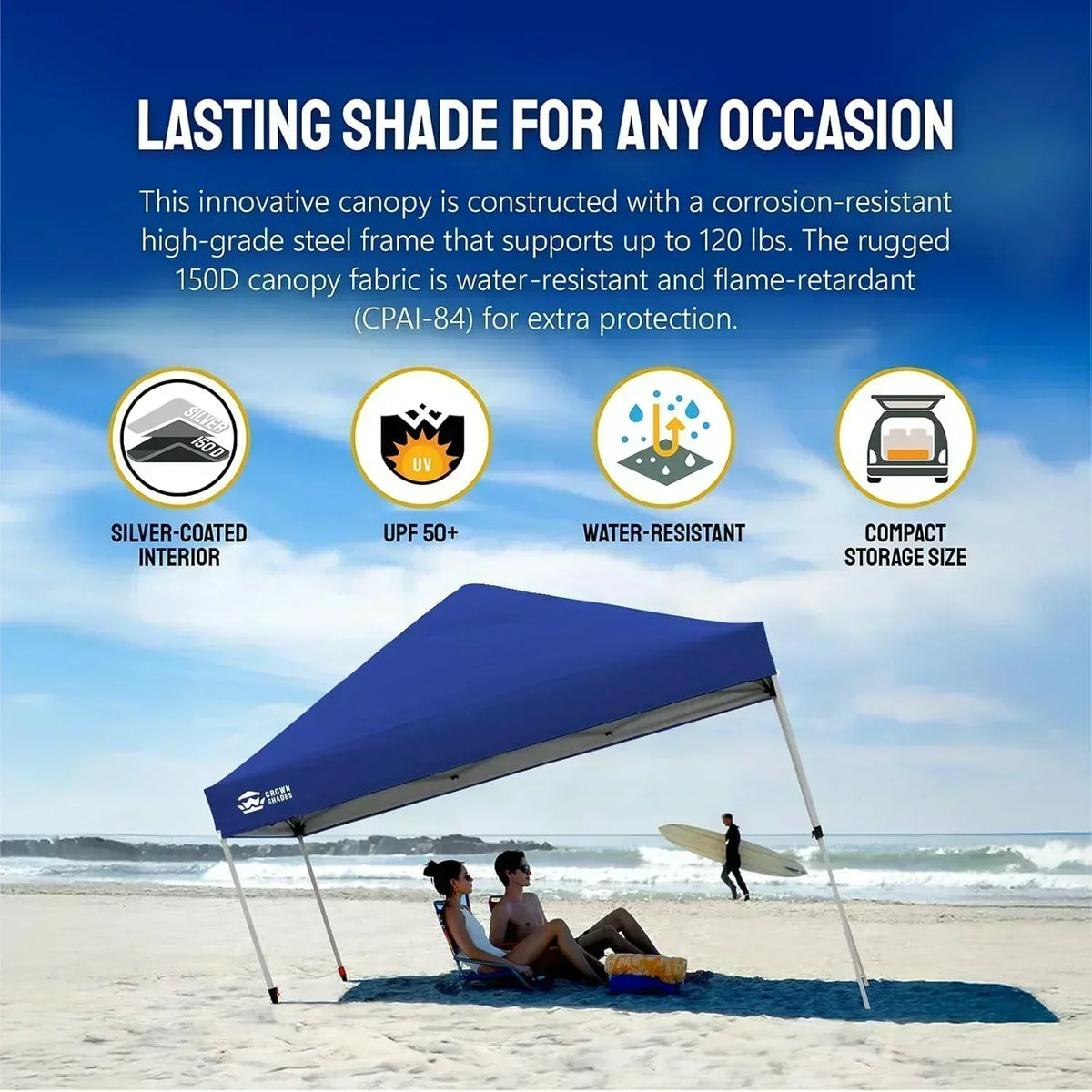 10x10 Pop-Up Awning One-Click Installation Beach Tent Outdoor Sunshade Silver Coated Top