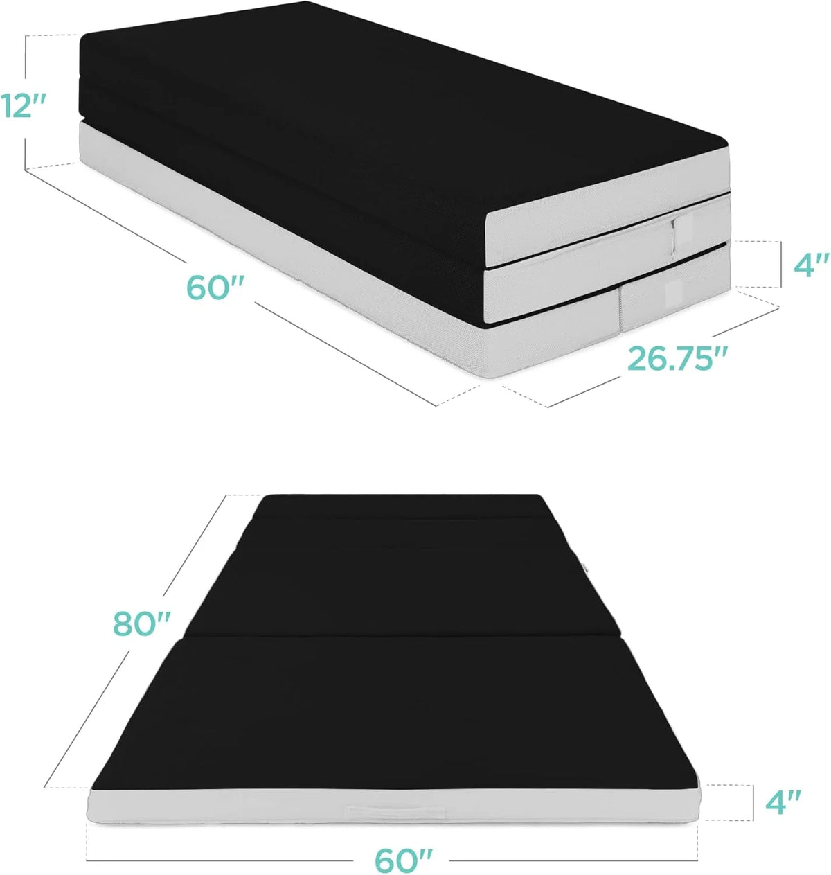 4in Portable Queen-Size Mattress, Tri-Fold Mattress for Camping, Guest, Toddler
