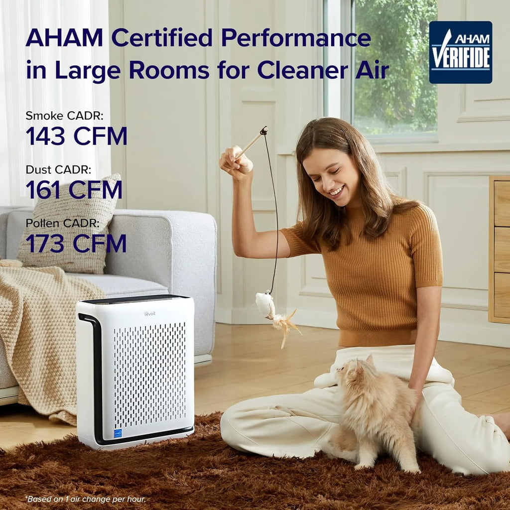 Large-room air purifier for home use with air quality monitor, washable pre-filter, and pet-friendly