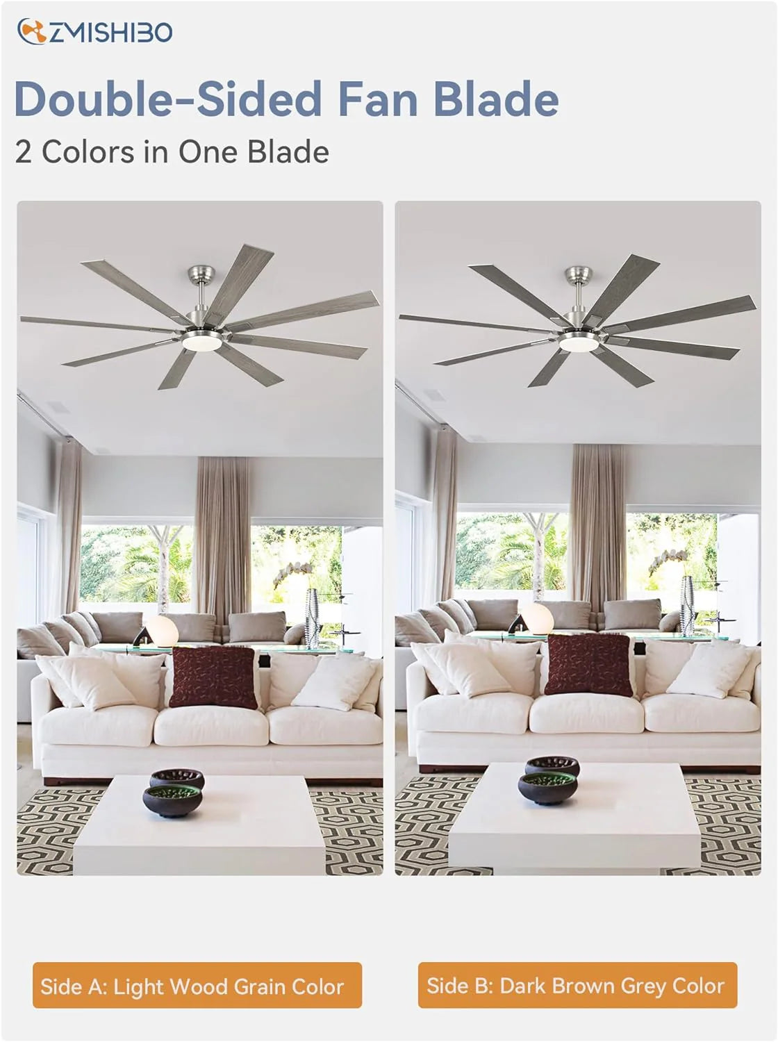 ZMISHIBO 72 inch Large Ceiling Fans with Lights and Remote, Indoor/Outdoor Black Modern Ceiling Fan for Kitchen Living Room Patio, 6 Speed Reversible Quiet DC Motor, 3 CCT, Dual Finish 8 Blades