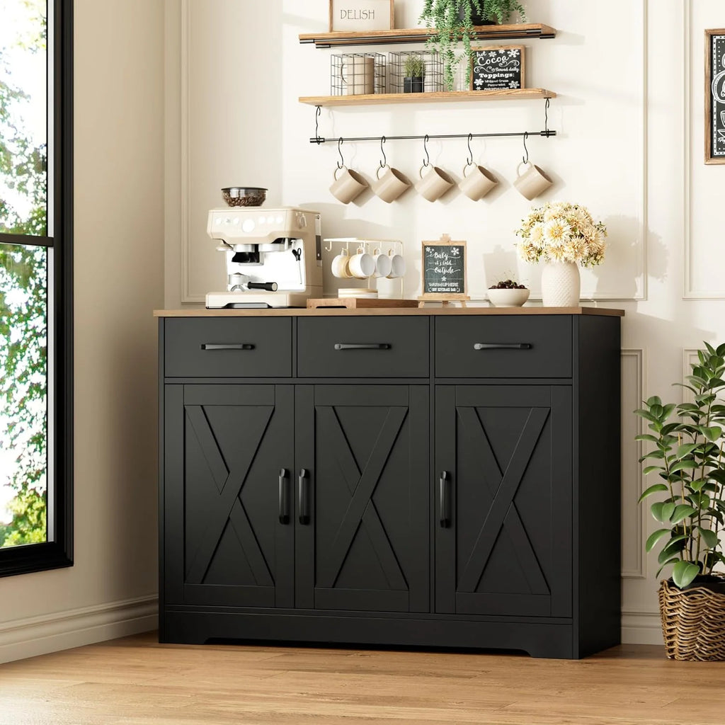 Modern farmhouse sideboard, barn door buffet storage cabinet with drawers and shelves, wooden coffee bar with storage