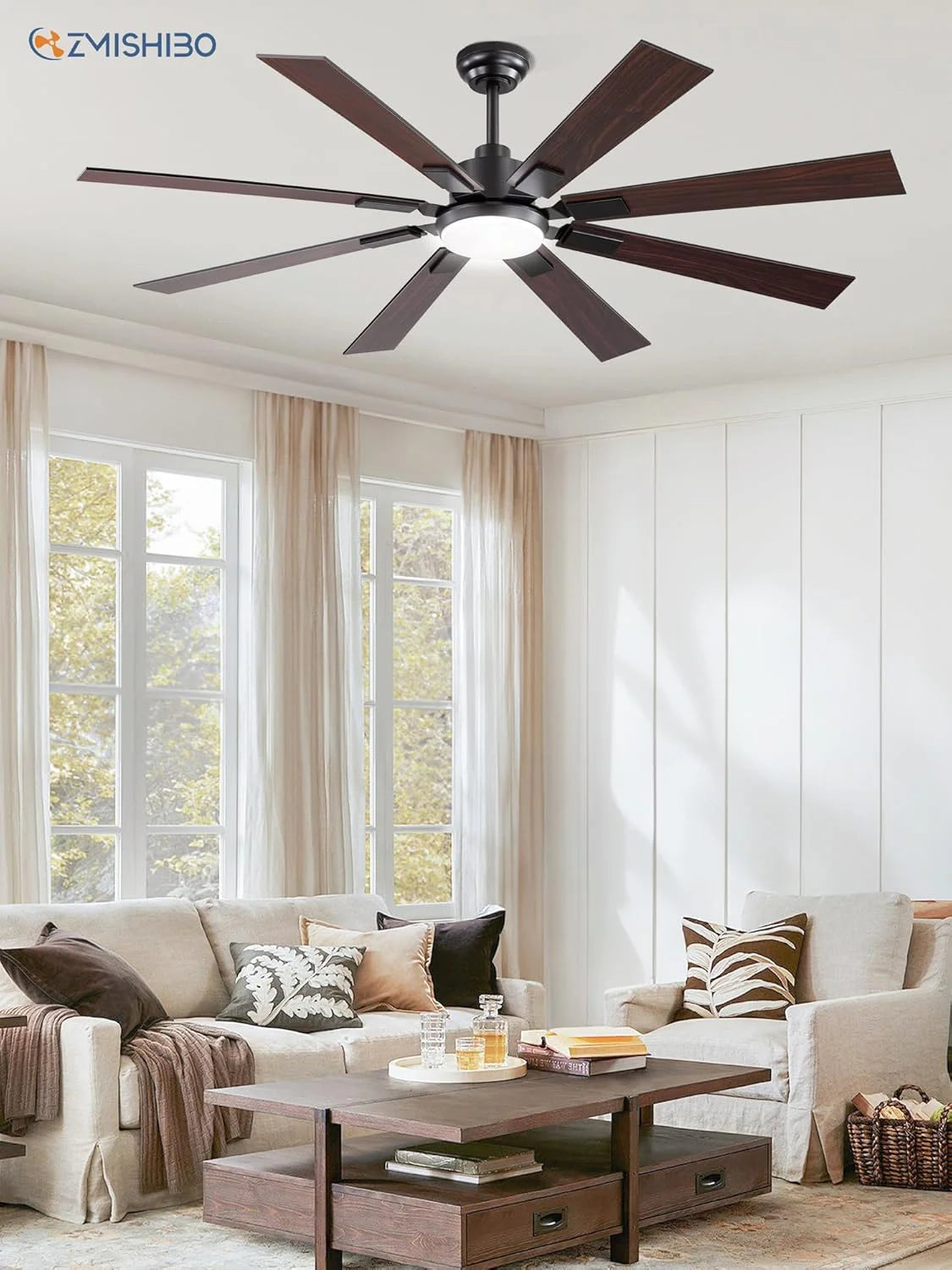 ZMISHIBO 72 inch Large Ceiling Fans with Lights and Remote, Indoor/Outdoor Black Modern Ceiling Fan for Kitchen Living Room Patio, 6 Speed Reversible Quiet DC Motor, 3 CCT, Dual Finish 8 Blades