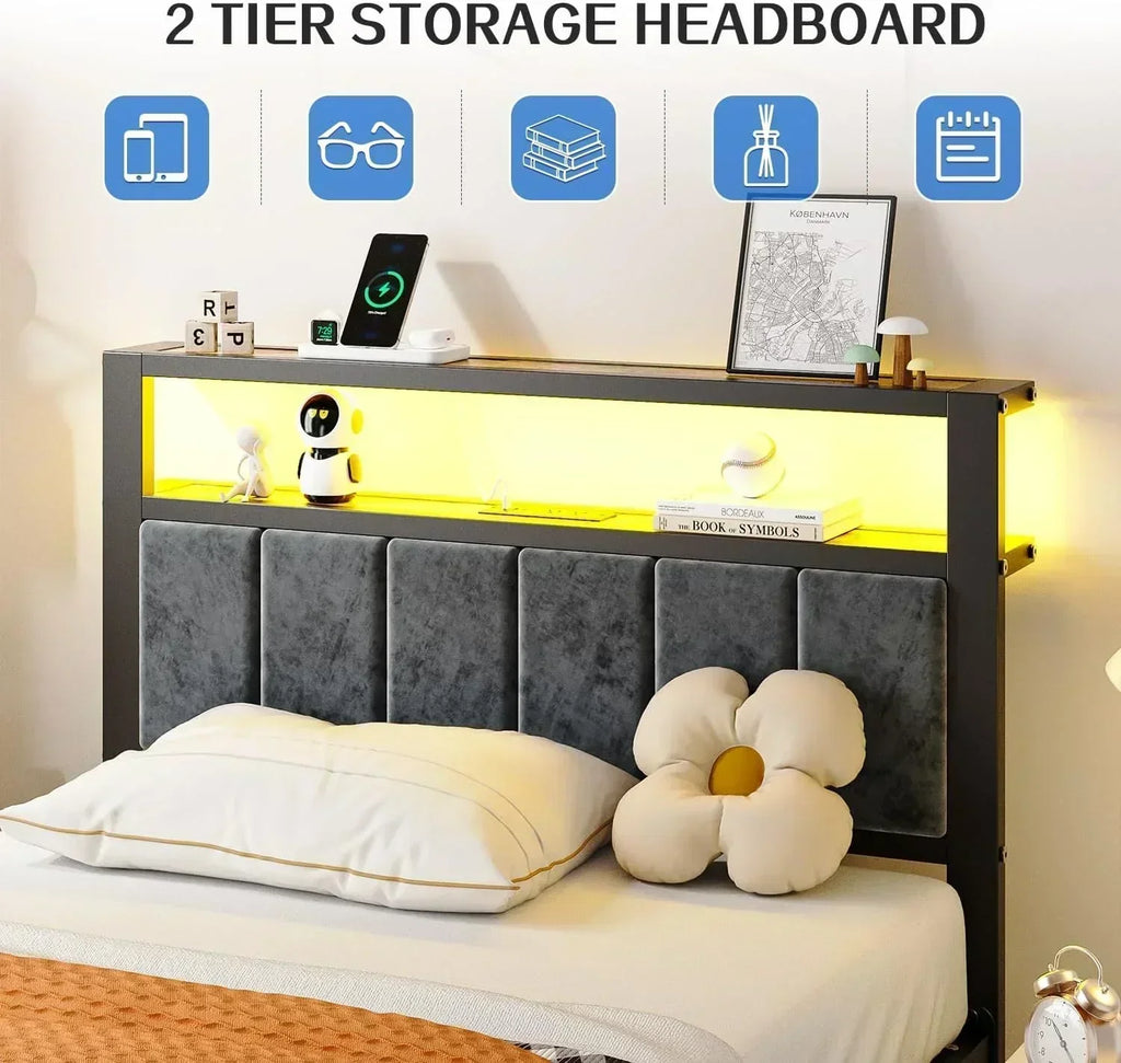 Queen Size Bed Frame with 2-Tier Storage Shelves Headboard Platform Bed with Charging Station