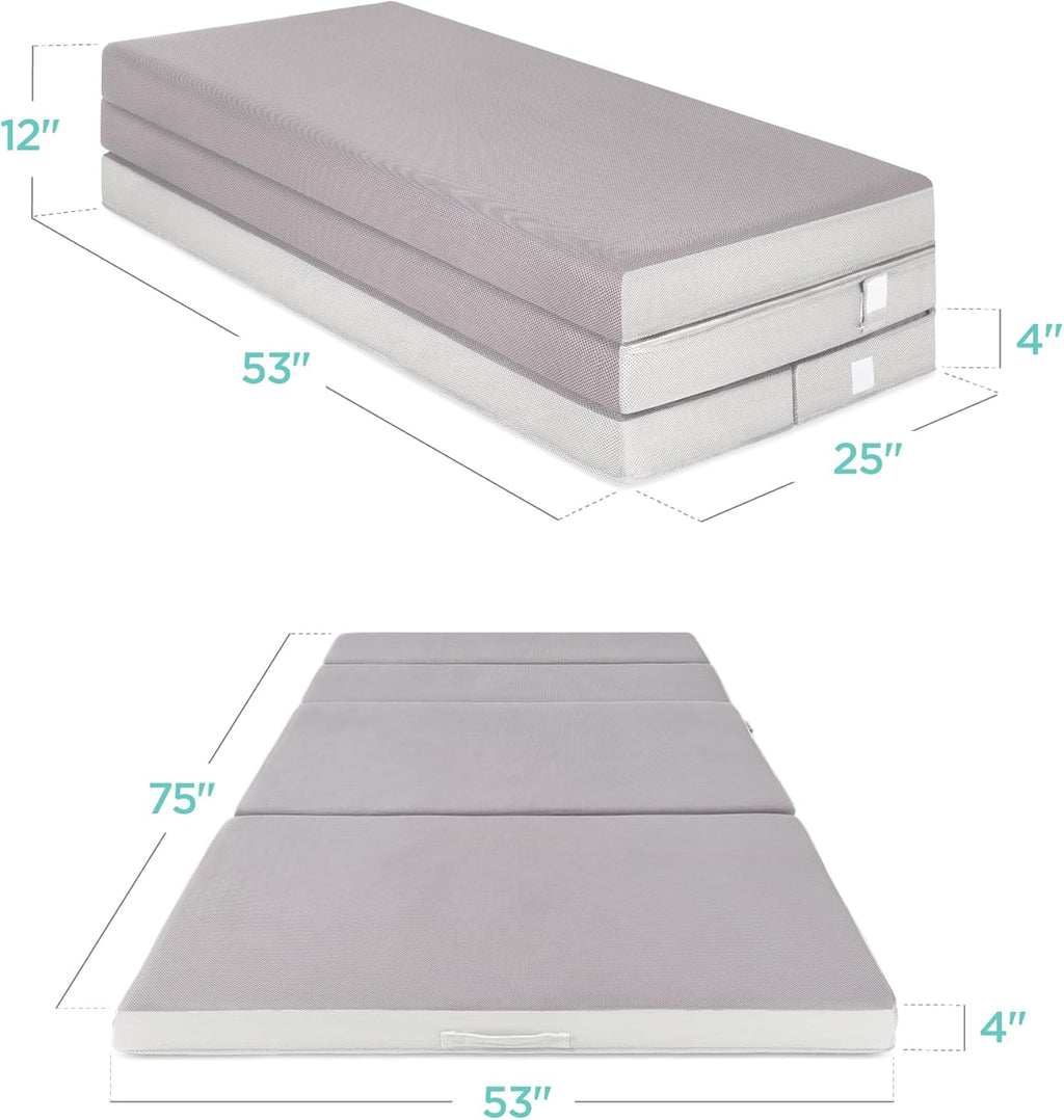4in Portable Queen-Size Mattress, Tri-Fold Mattress for Camping, Guest, Toddler