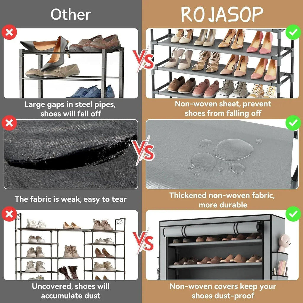 ROJASOP 10 Tier Shoe Rack with Covers Large Capacity Stackable Tall Shoe Shelf Storage