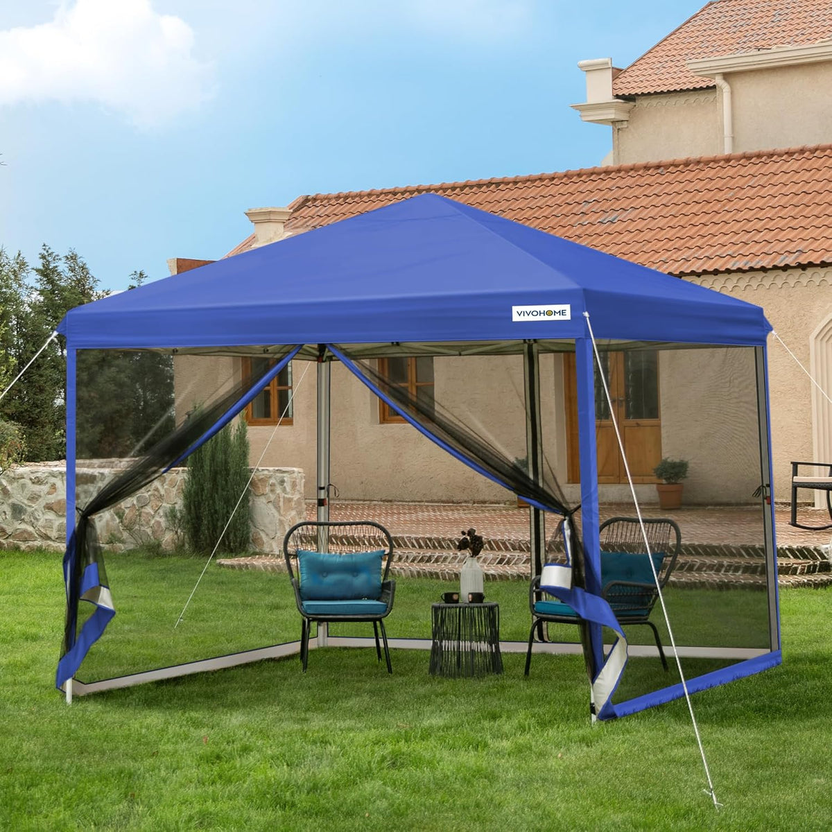 10x10ft Easy Pop-Up Canopy, Outdoor Screen Tent with Mosquito Netting, 2 Zipper Doors, and Roller Bag for Yard Camping Picnic Party Events, Beige
