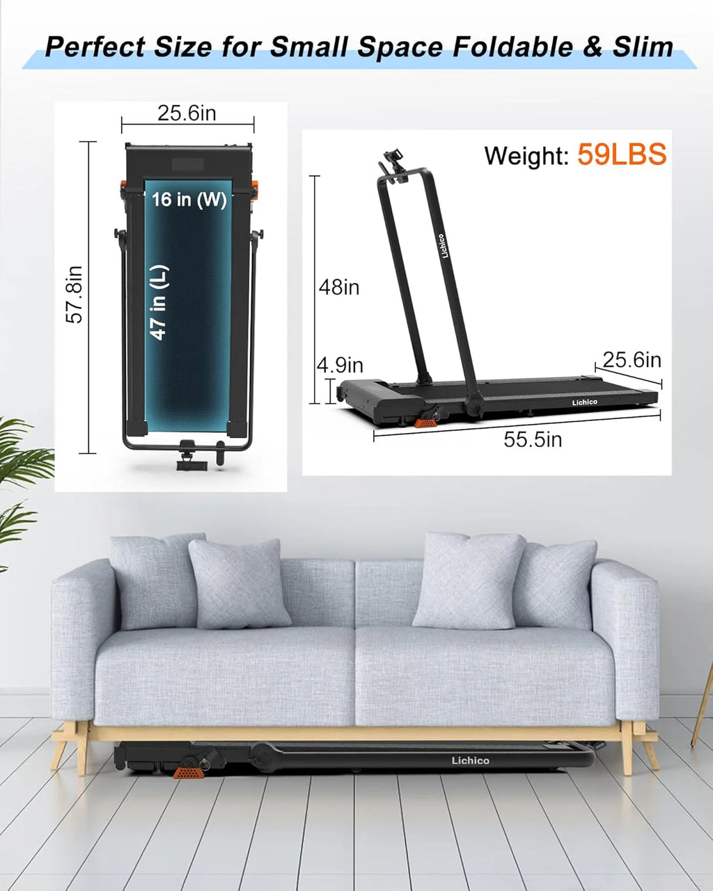 Lichico Walking Pad Under Desk Treadmill, Ultra-Quiet Brushless Electric Walking and Jogging Treadmill with Remote Control