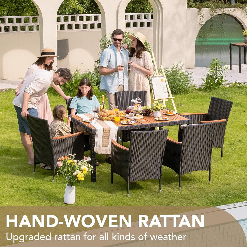 Devoko Dining 7 PCS Furniture Patio Conversation Set with Acacia Wood Table Top Rattan Outdoor