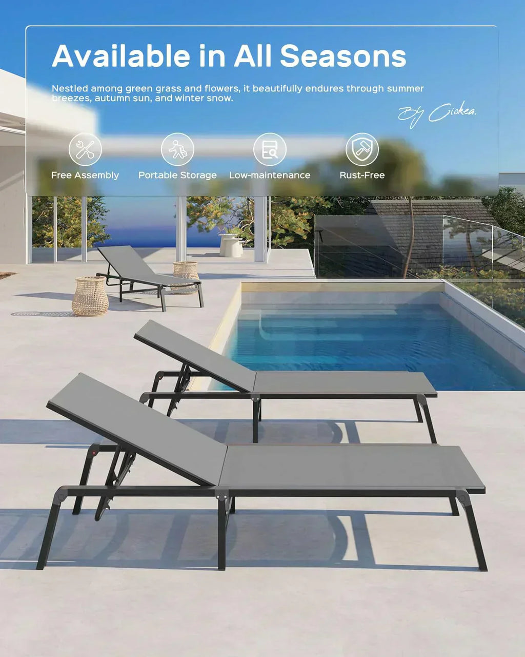 Aluminum Chaise Lounge Outdoor Foldable Assemble Free Outdoor Lounge Chair 5 Adjustable Backrest