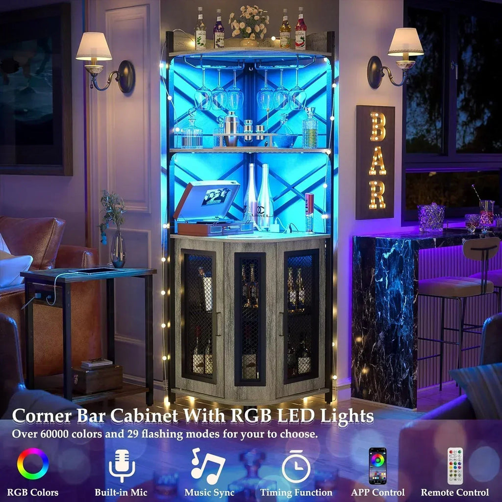 Corner bar cabinet with power socket industrial style wine cabinet light strip and glass rack