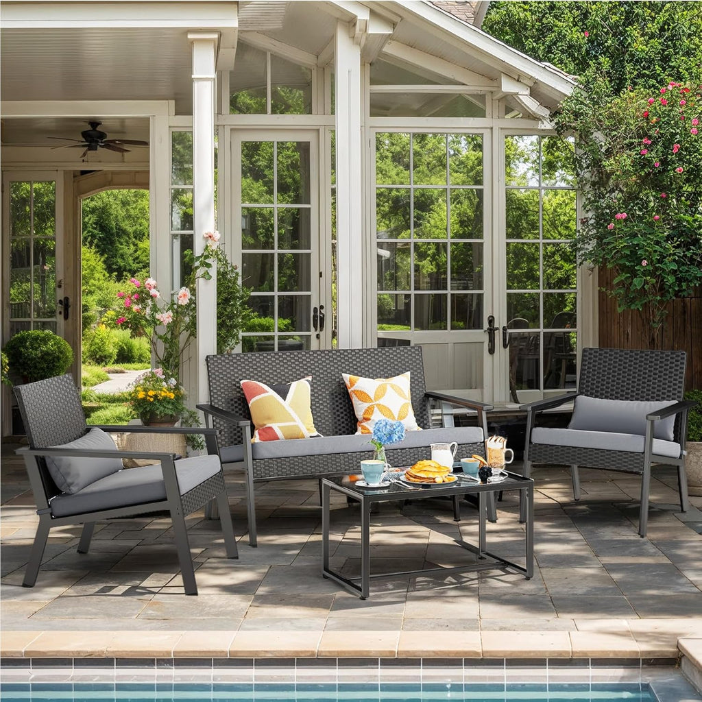 Ahomly 4-Piece Outdoor Wicker Patio Furniture Set with Deep Seating Cushions and Table for Balcony, Backyard, and Porch (Gray)