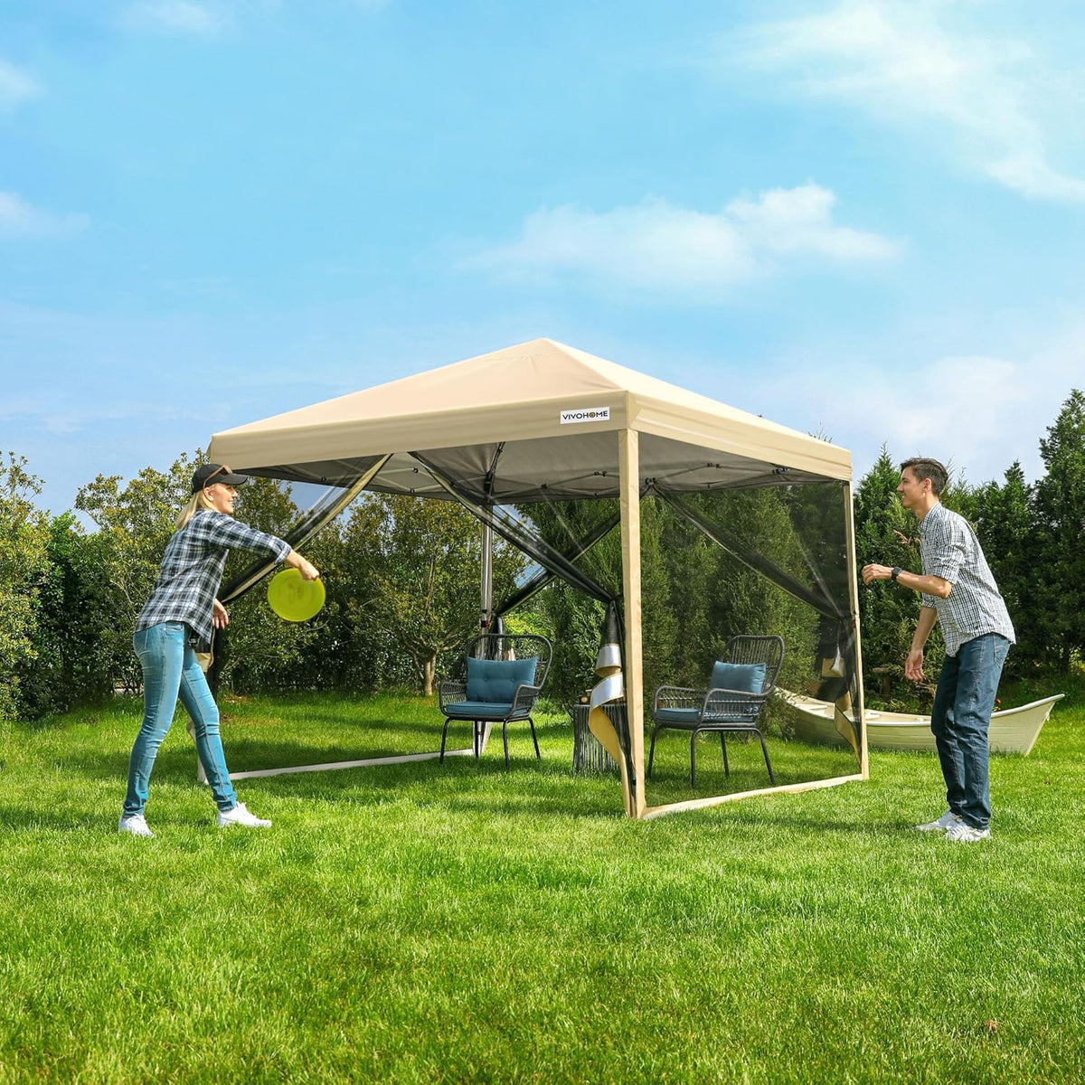 10x10ft Easy Pop-Up Canopy Outdoor Screen Tent with Mosquito Netting 2 Zipper Doors Roller Bag