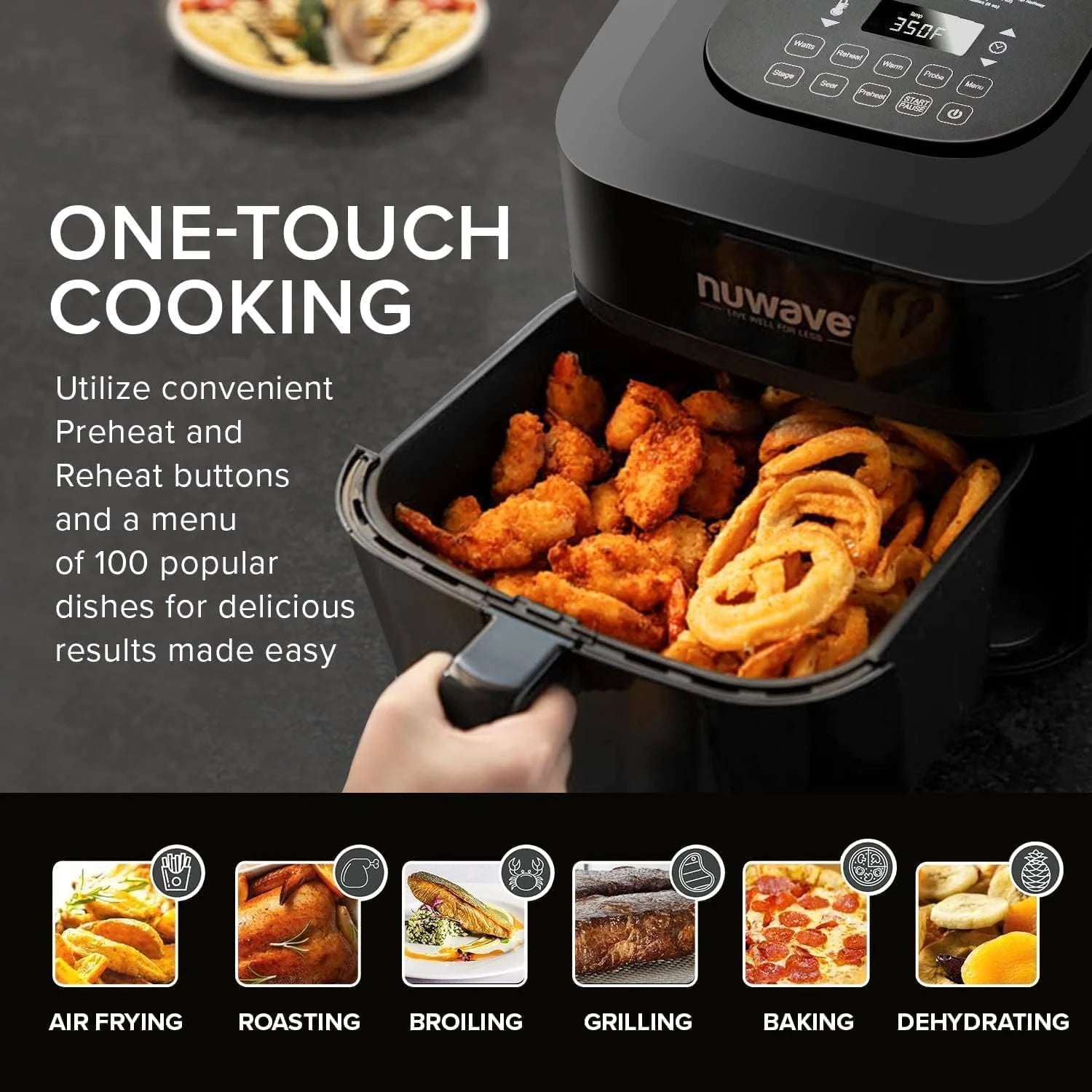 Nuwave Brio 15.5Qt Air Fryer/Oven quickly reheats, bakes, and dehydrates food with a temperature control range of 50��-425��F 1800W.