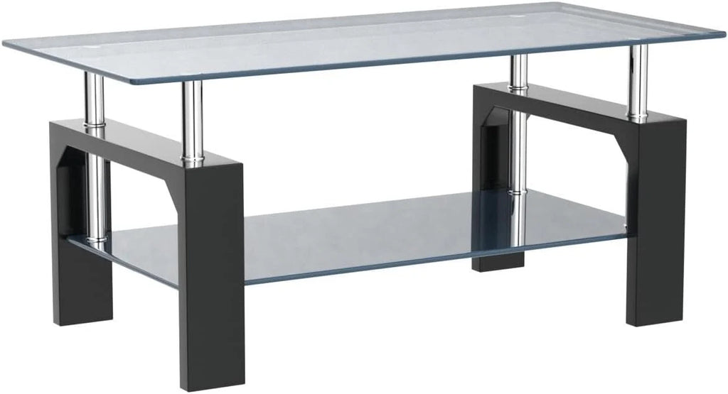 Living Room Rectangle Coffee Table, Tea Table Suitable for Waiting Room, Modern Side Coffee Table with Wooden Leg, Glass Tabletop