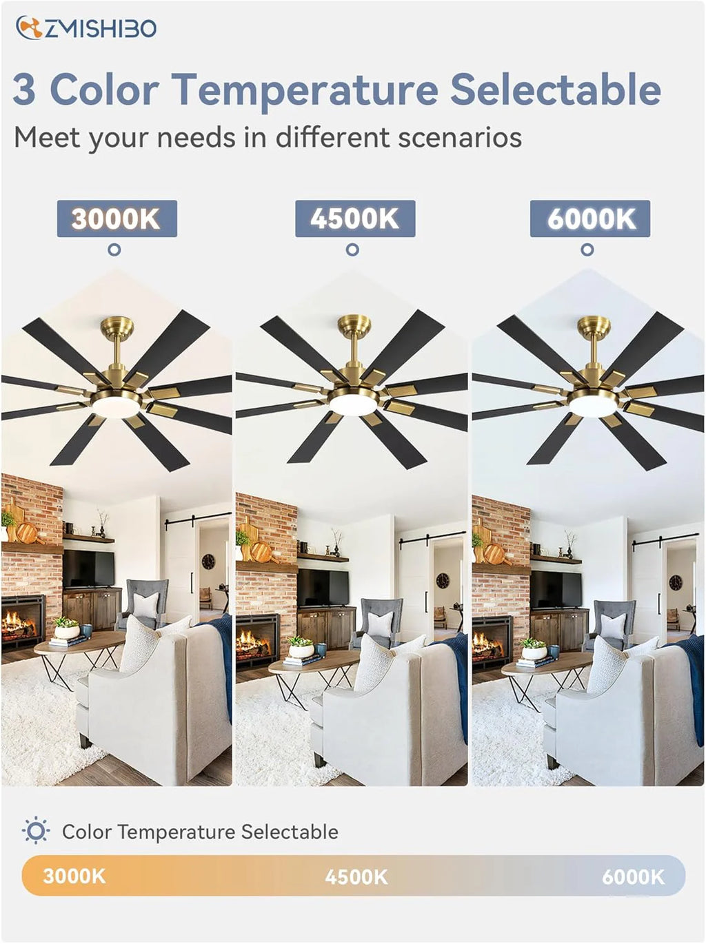 ZMISHIBO 72 inch Large Ceiling Fans with Lights and Remote, Indoor/Outdoor Black Modern Ceiling Fan for Kitchen Living Room Patio, 6 Speed Reversible Quiet DC Motor, 3 CCT, Dual Finish 8 Blades