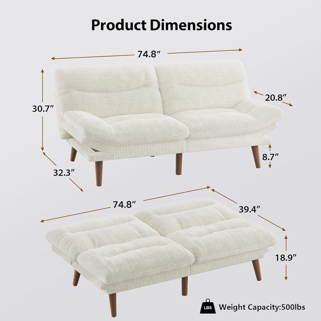 Pipishell Convertible Futon Sofa Bed,66 Corduroy Futon Couch with Adjustable Backrest and Armrests, Recliner Sleeper Sofa for Small Spaces, Play Room or Office, Grey