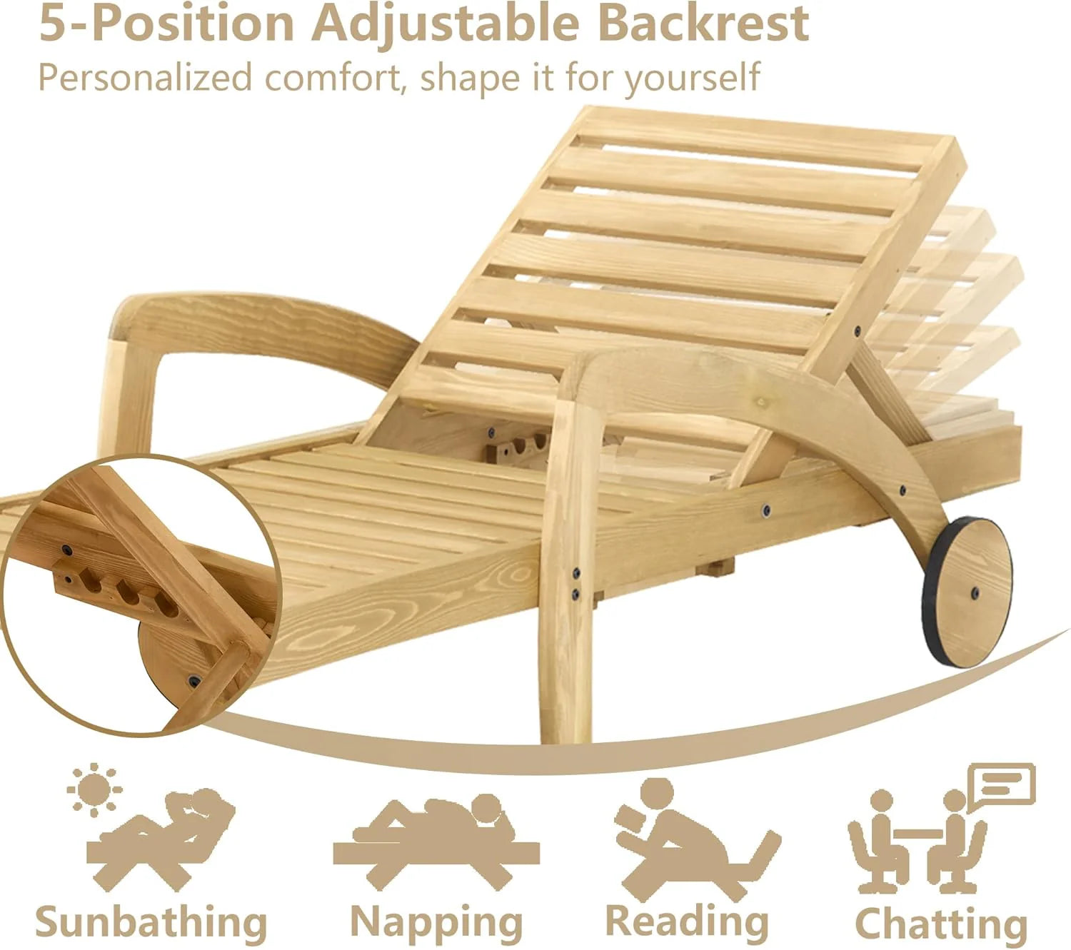 Pool Chaise Lounge Chairs Set of 4 5-Position Adjustable Outdoor Patio Lounge Chairs Wood Reclining Chaise Lounger Chair with Pullout Side Table
